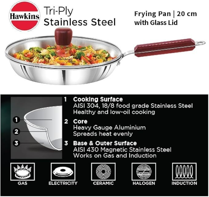 Hawkins Tri-Ply Stainless Steel Frying Pan with Glass Lid, 22 cm Diameter